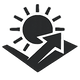 Black icon of a sun with an arrow pointing upwards on a white background